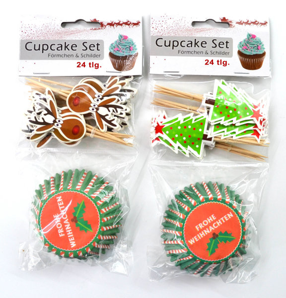 Cupcake Set Weihnachten 24tlg, Förmchen und Schilder Weihnachtsbaum/Elch NEU