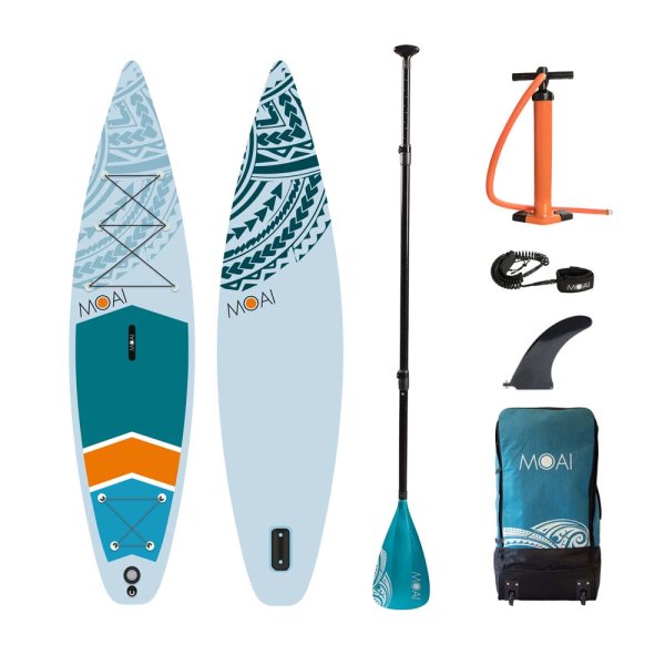 Moai 11'6'' Set Board Paddel Pumpe Sicherheitsleine Finne Backpack Vorderansicht